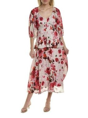 Taylor Pink Floral Tiered Midi Dress with Red Blooms